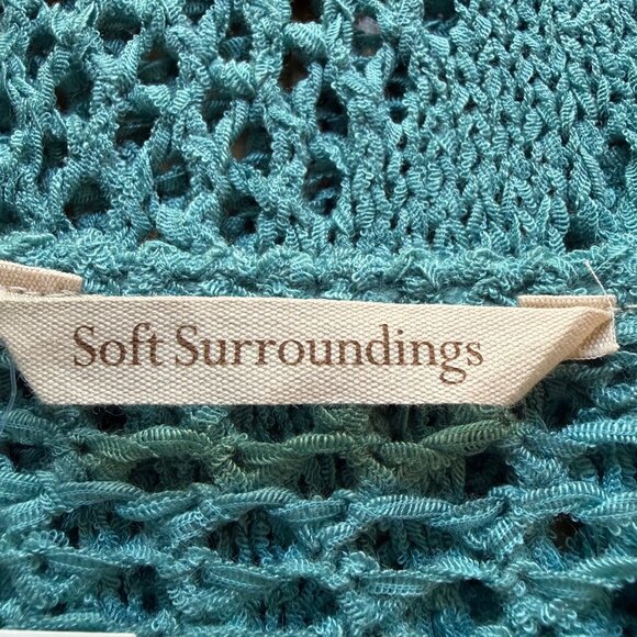 Boho Soft Surroundings Size L NEW Blue Crochet Knit Beachwalk 3/4 Sleeve Sweater - Picture 4 of 16